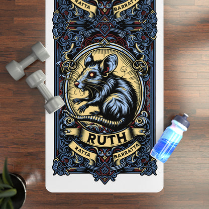 Decorative yoga mat with a rat illustration and 'Ruth' text on a wooden floor with weights and a water bottle.