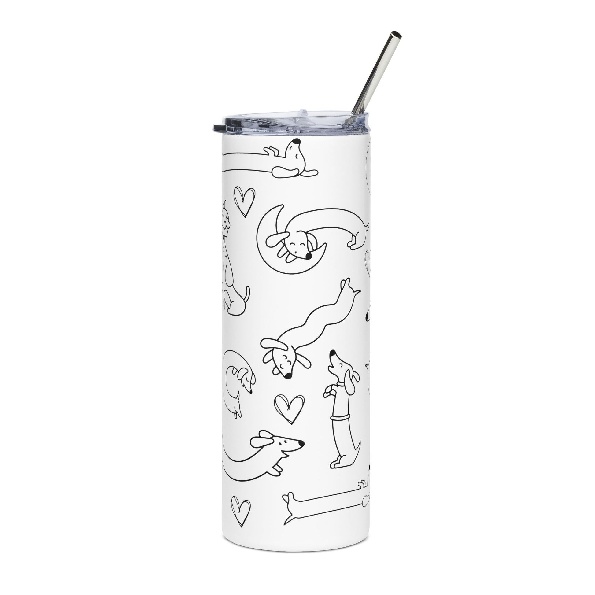 Tumbler with black line art of dogs and hearts on a white background