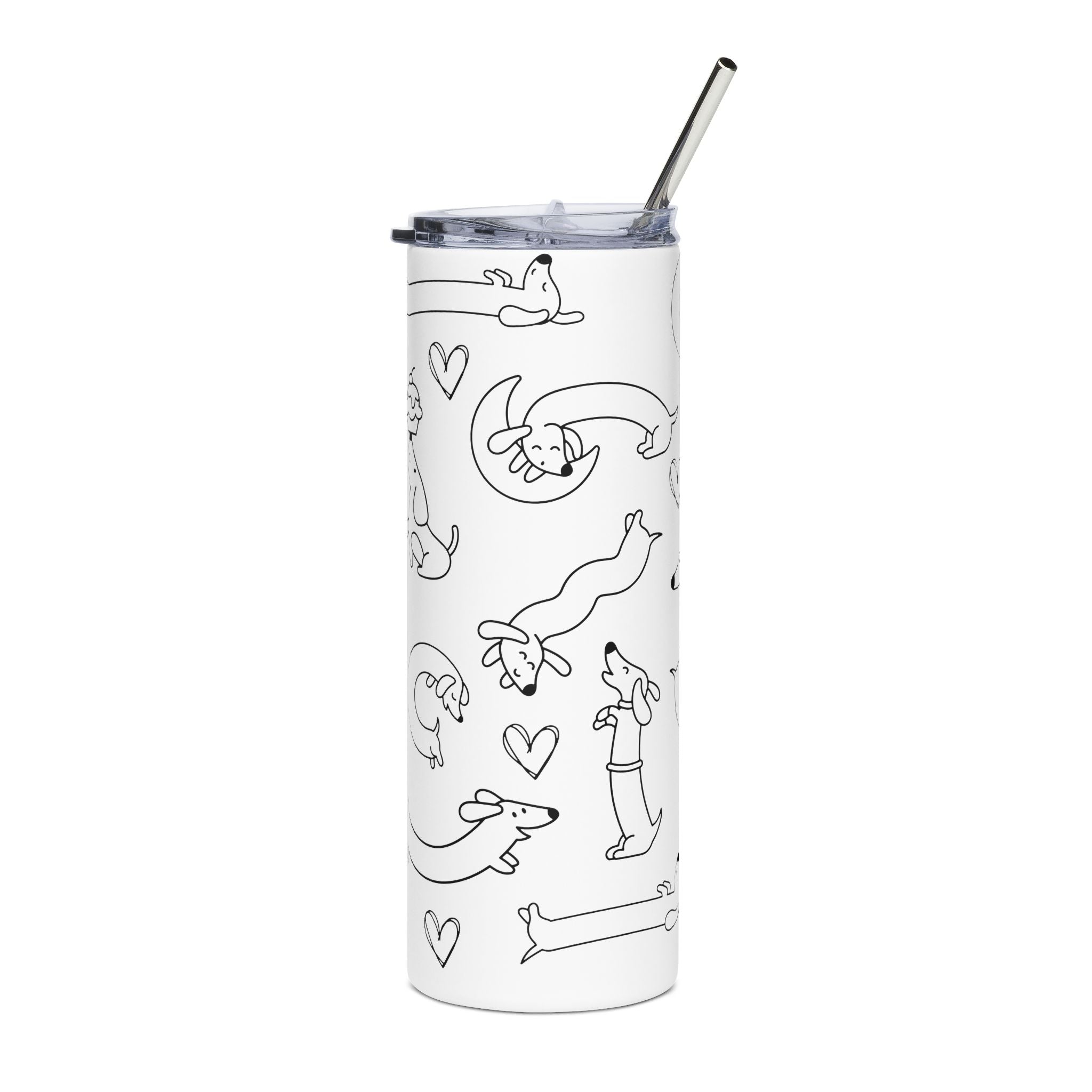 Tumbler with black line art of dogs and hearts on a white background