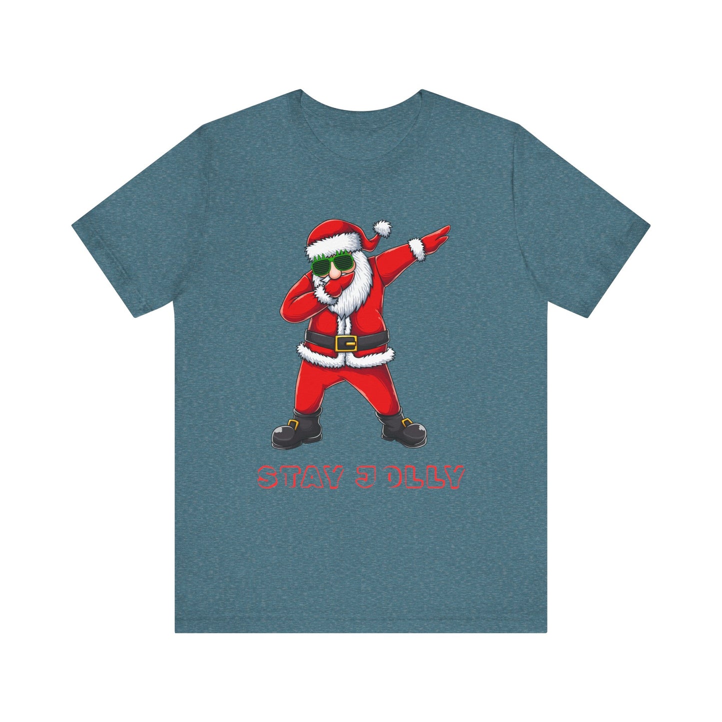 Blue t-shirt with a cartoon Santa Claus dabbing and 'Stay Dilly' text on a white background