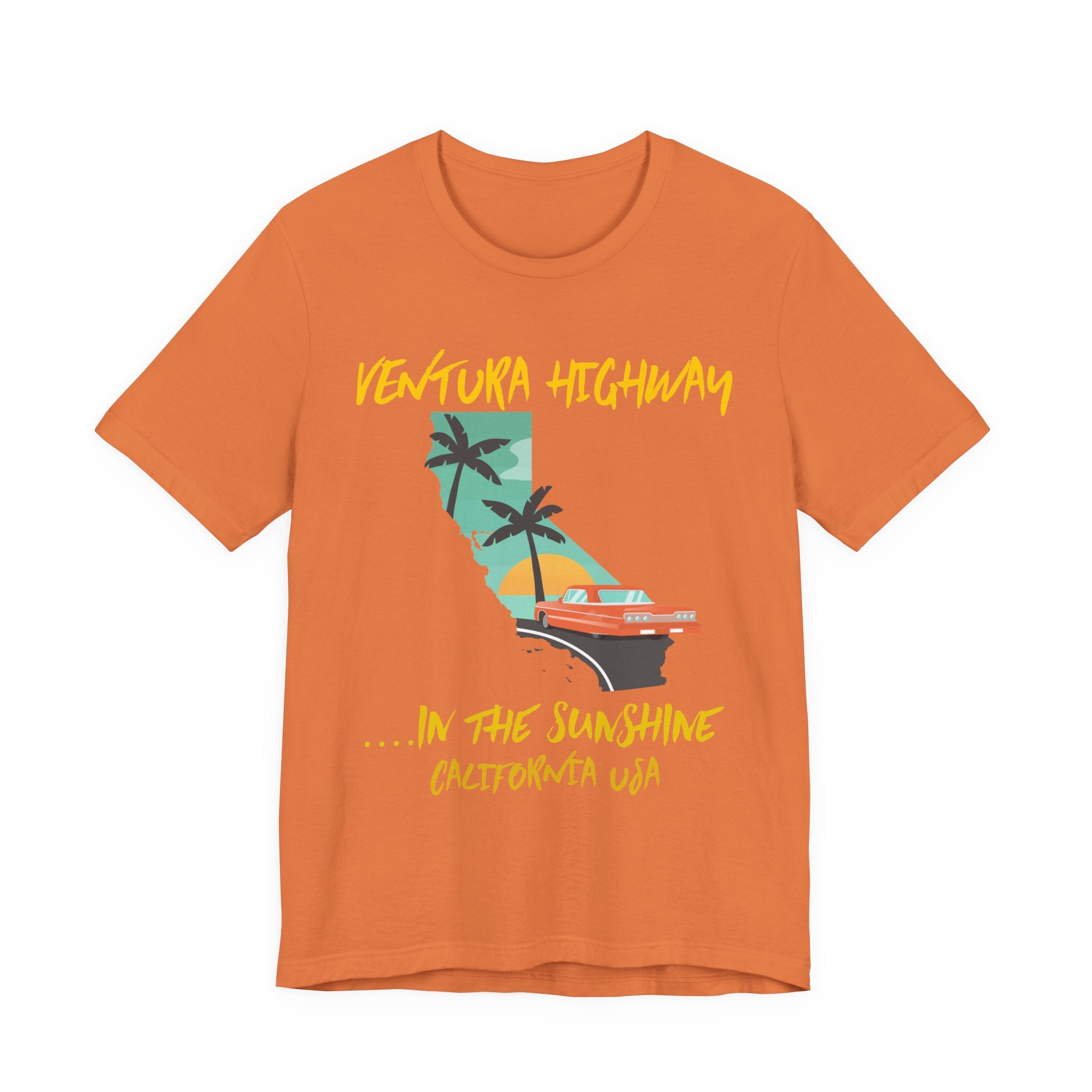 Orange t-shirt with a 'Ventura Highway in the Sunshine, California USA' graphic featuring the California map, palm trees, and a red convertible, on a white background