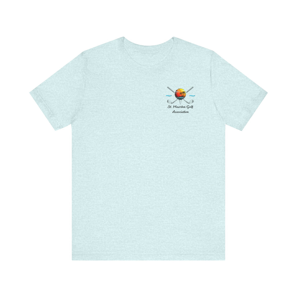 Light blue heather t-shirt with a small St. Maarten Golf Association crest of a sunset golf ball and crossed clubs on the left chest, on a white background.