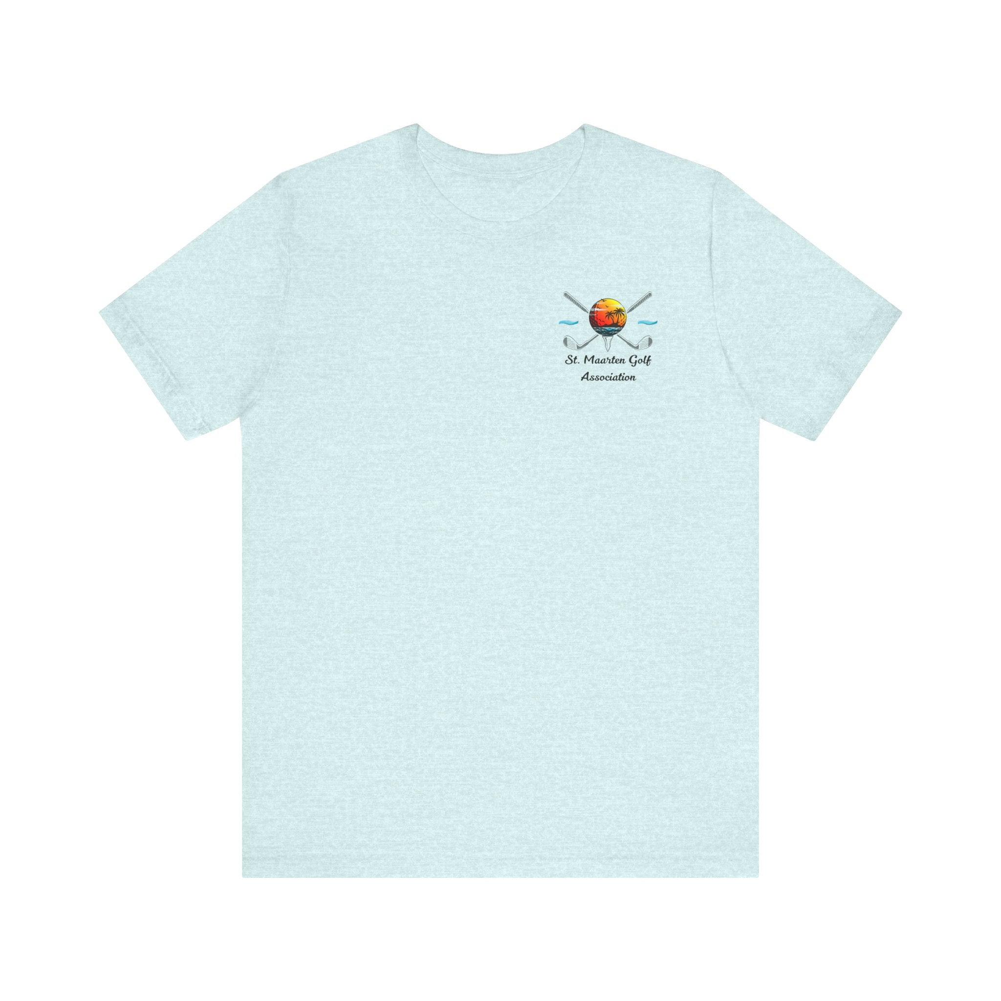 Light blue heather t-shirt with a small St. Maarten Golf Association crest of a sunset golf ball and crossed clubs on the left chest, on a white background.