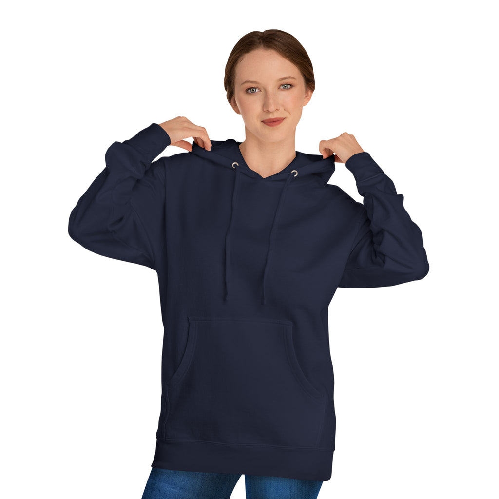 Woman wearing the classic navy Red Dragon Traders hoodie, hands lifting the hood.
