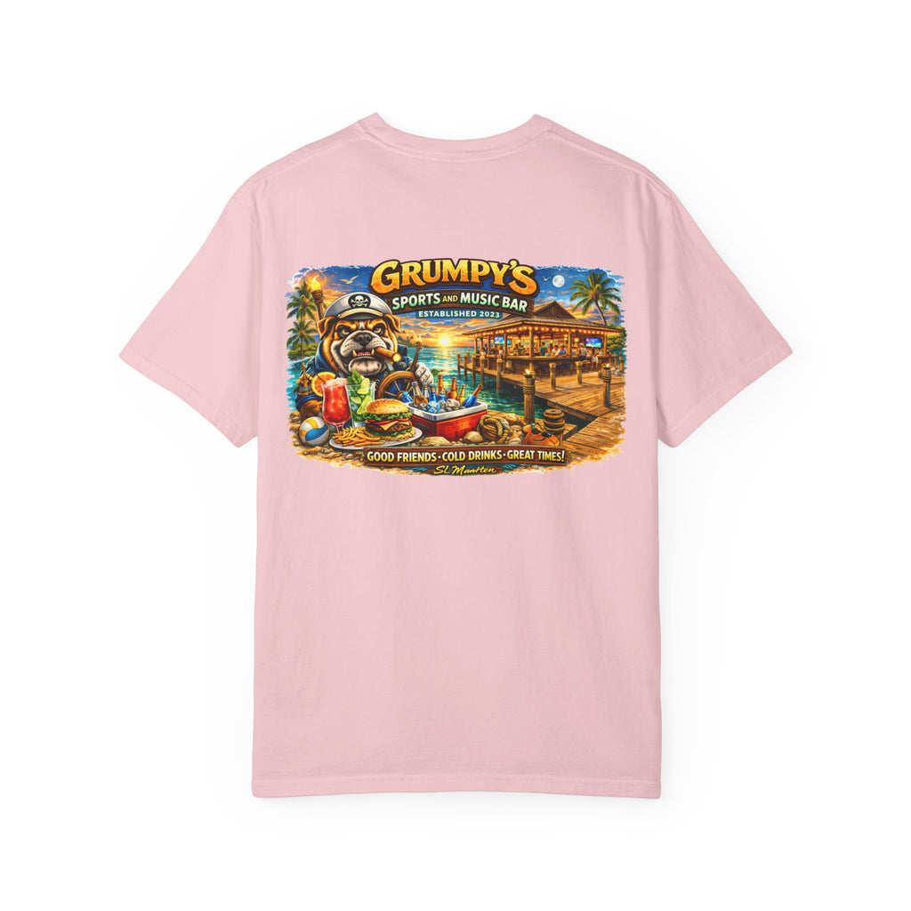 Pink t-shirt with a colorful graphic of Grumpy's Sports and Music Bar on a white background