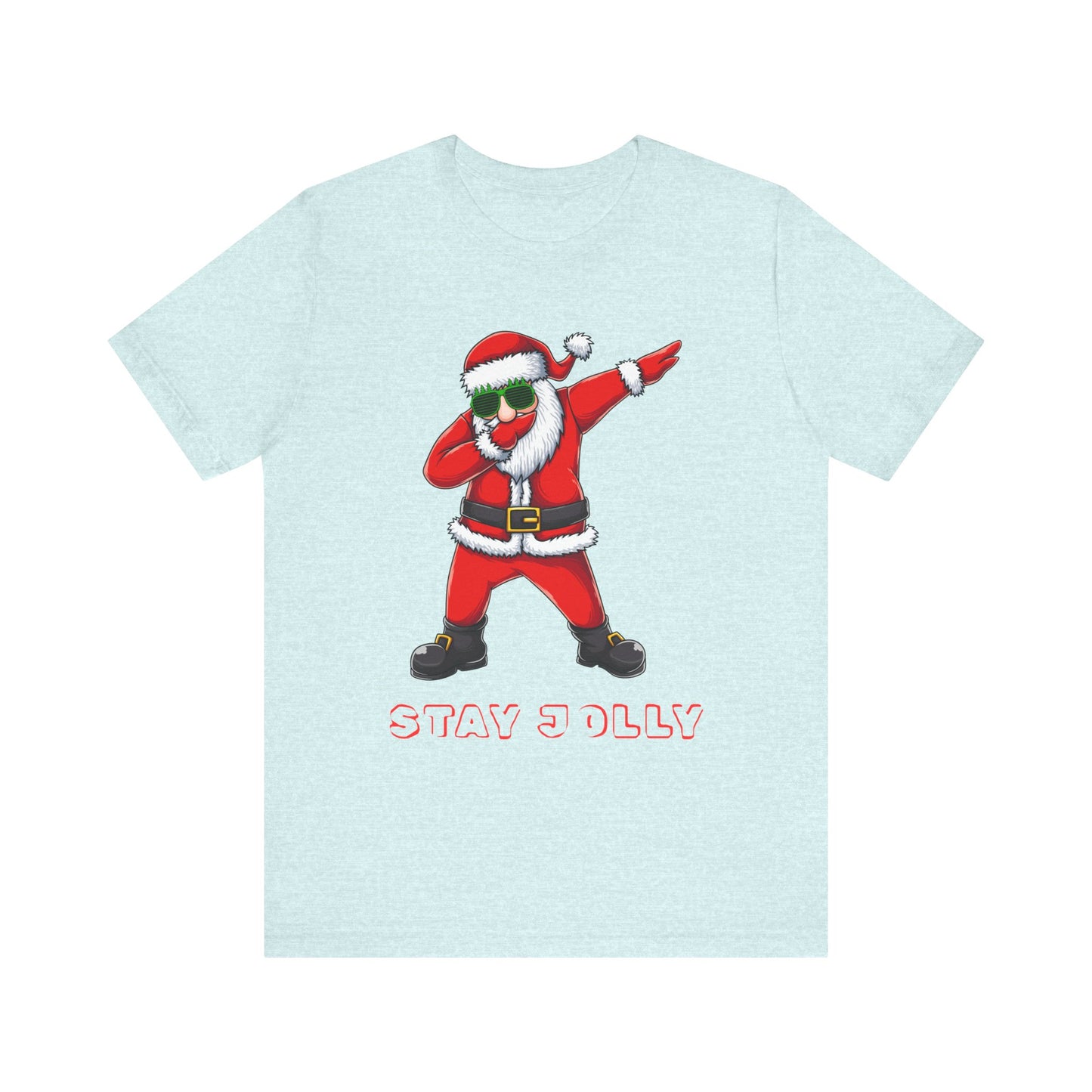 Light blue t-shirt with a graphic of a dabbing Santa Claus and 'Stay D Olly' text on a white background.