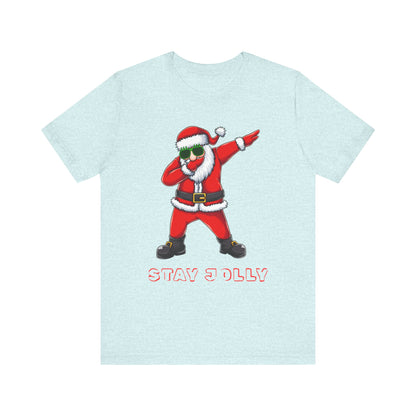 Light blue t-shirt with a graphic of a dabbing Santa Claus and 'Stay D Olly' text on a white background.