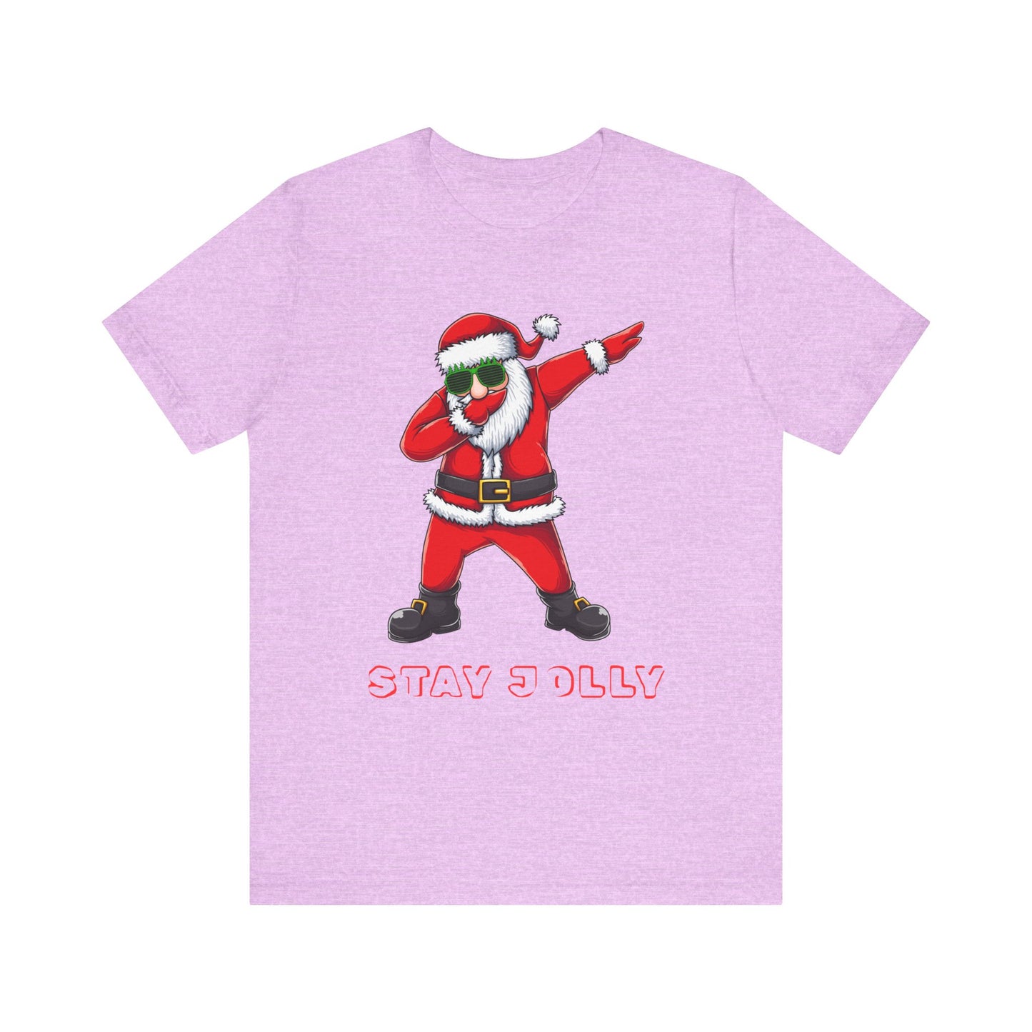 Purple t-shirt with a cartoon Santa Claus dabbing and 'Stay D Olly' text on a white background