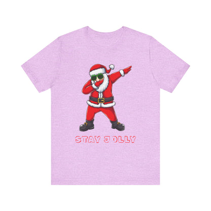Purple t-shirt with a cartoon Santa Claus dabbing and 'Stay D Olly' text on a white background