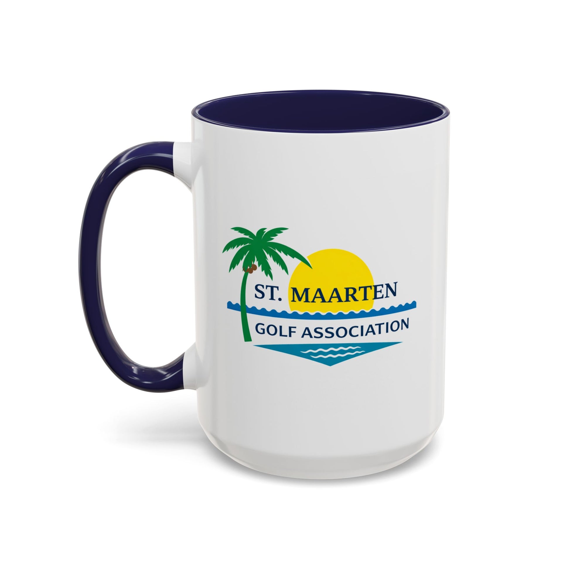 White mug with blue handle featuring St. Maarten Golf Association logo on a white background