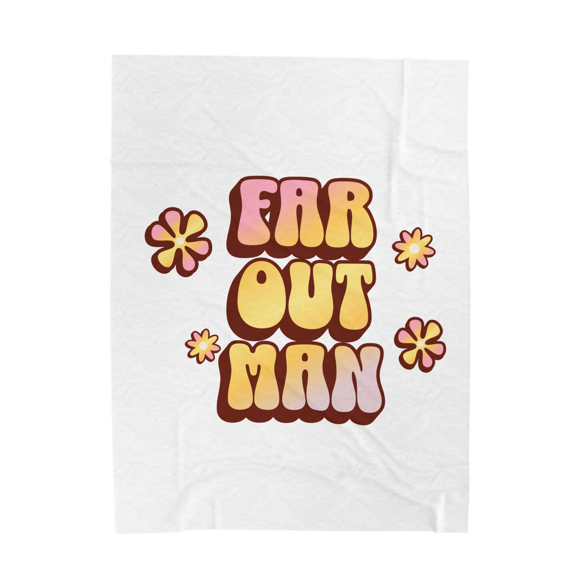 White towel with 'Far Out Man' text and floral designs on a white background
