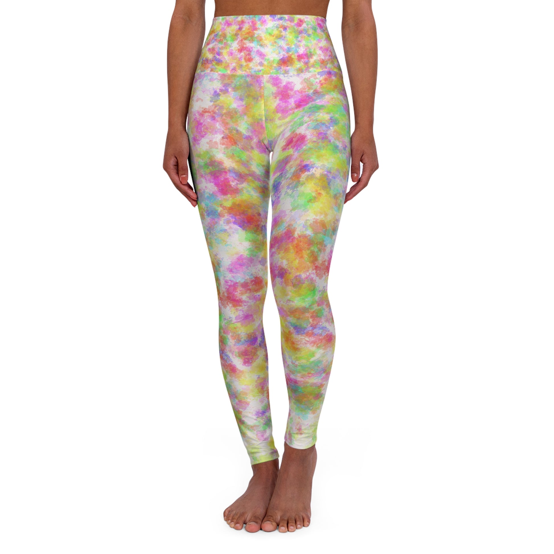 Multicolored tie-dye leggings worn by a person on a white background
