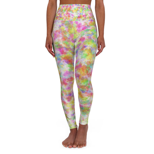 Multicolored tie-dye leggings worn by a person on a white background
