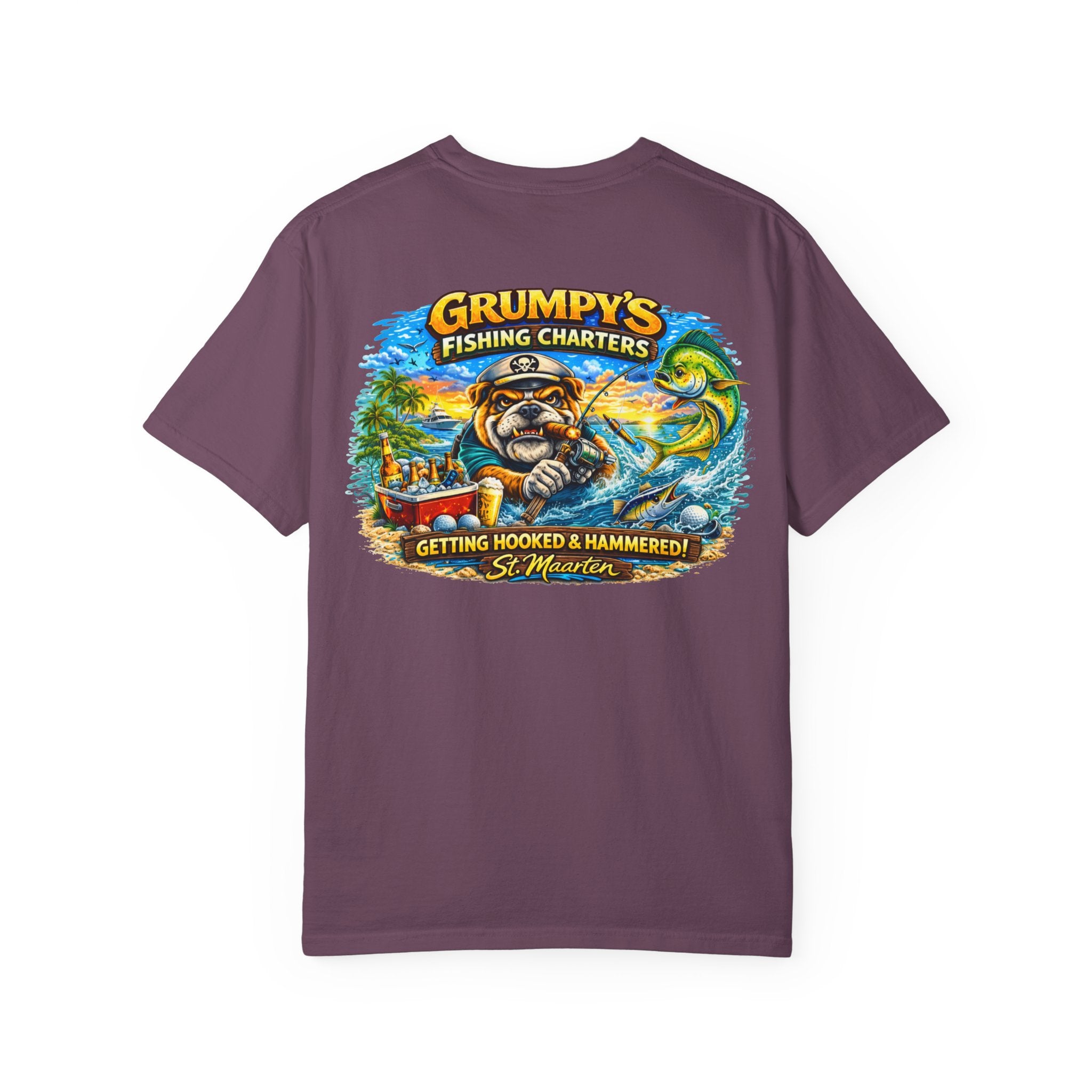 Grey Grumpy's Fishing Charters Tee – "Hooked & Hammered", t-shirt product image 26, size XL.