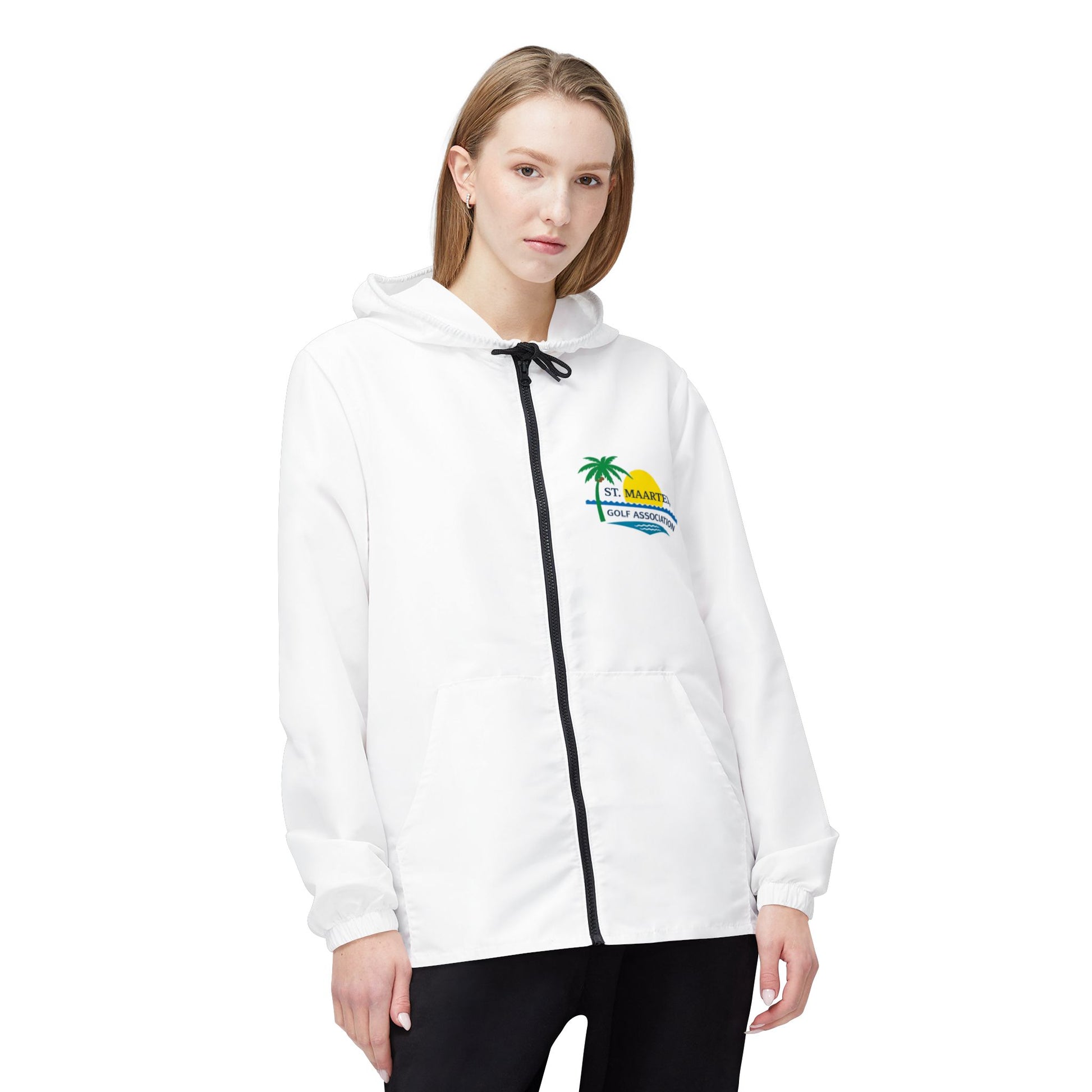 White hoodie with a logo on a white background