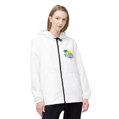 White hoodie with a logo on a white background