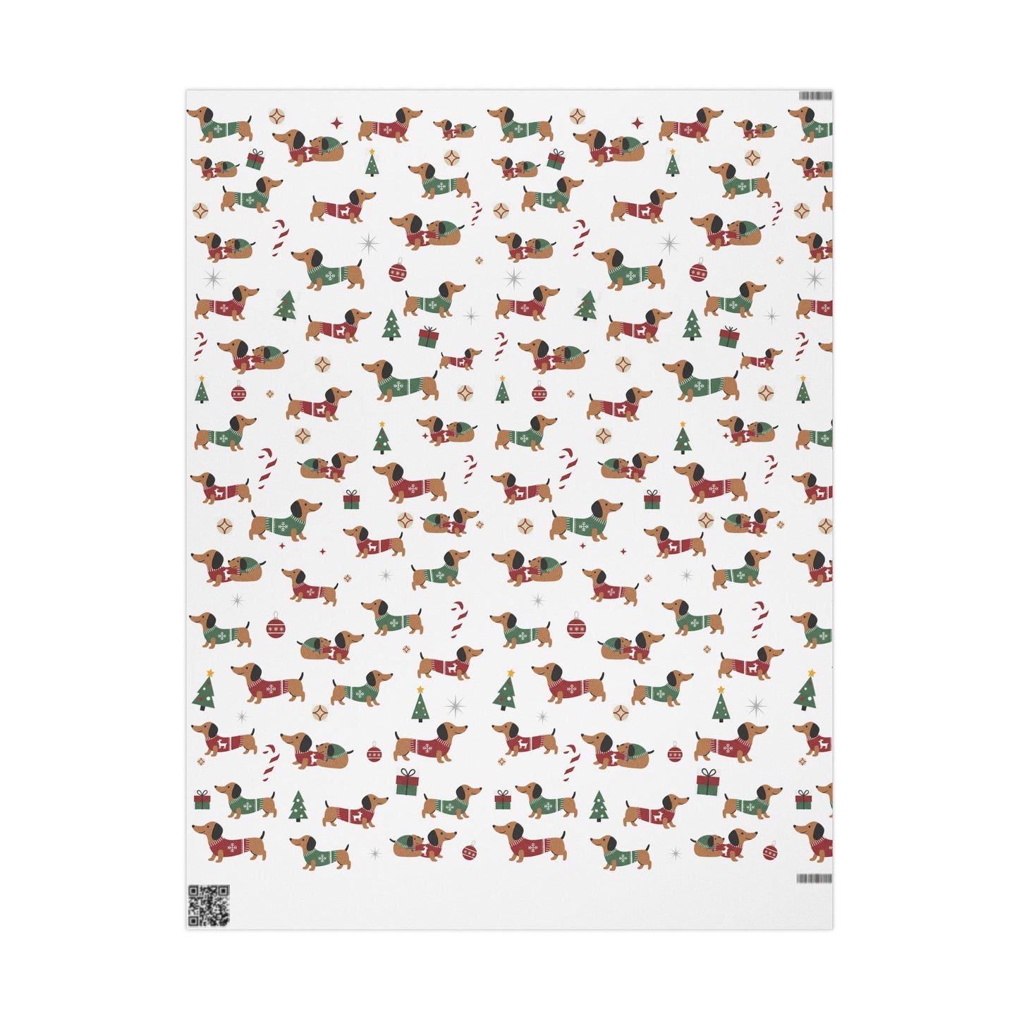 Christmas-themed wrapping paper with dachshunds and festive elements on a white background