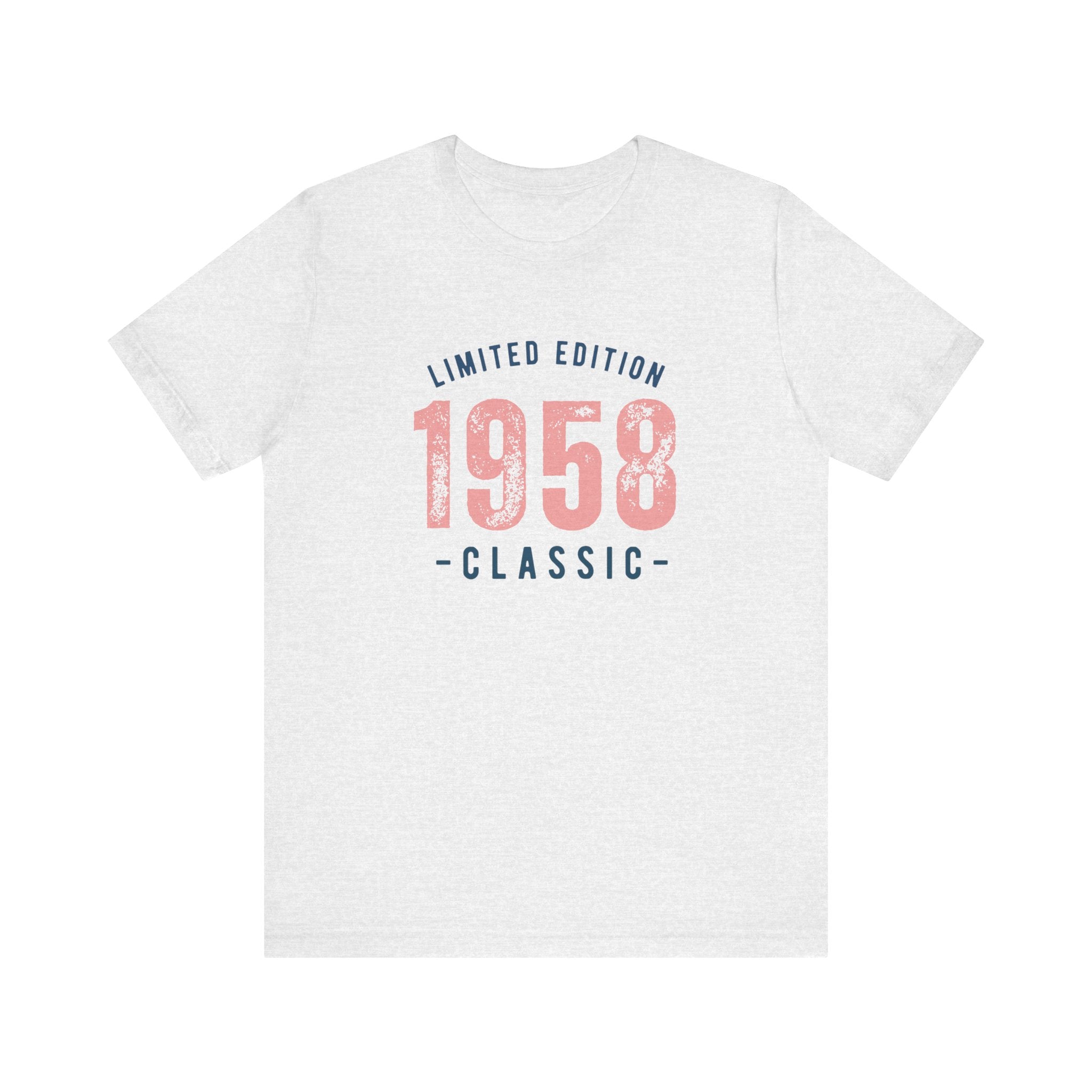 Ash gray t-shirt with a 'Limited Edition 1958 Classic' graphic in navy and coral, on a white background