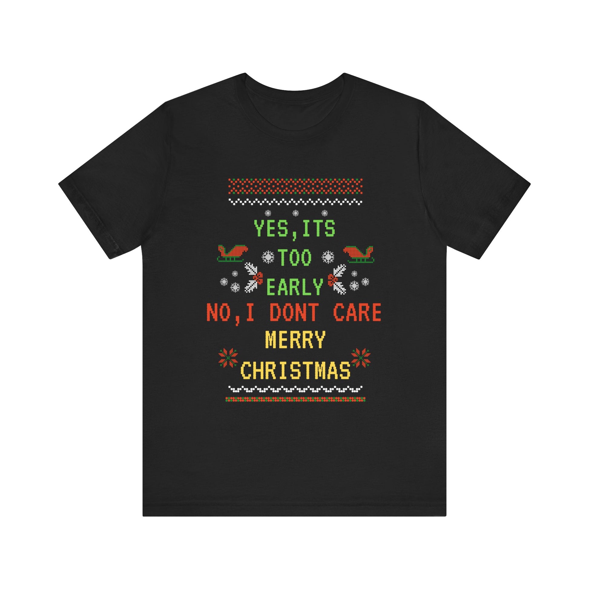 Black t-shirt with festive text design on a white background