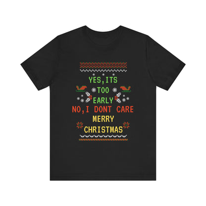 Black t-shirt with festive text design on a white background
