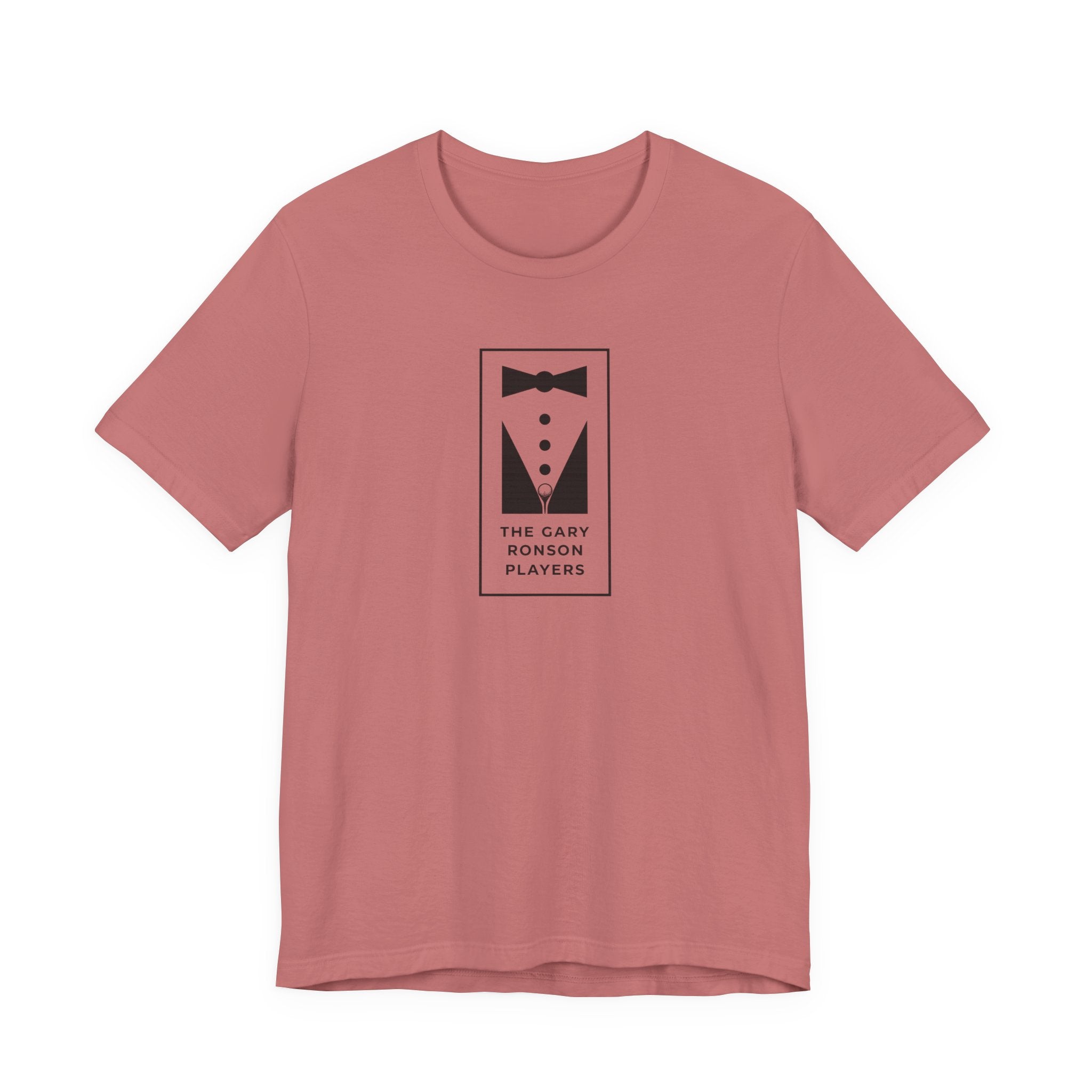 Mauve t-shirt with a black-and-white tuxedo graphic and 'The Gary Ronson Players' text, on a white background