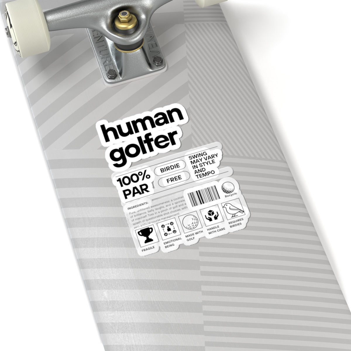 Skateboard deck with 'human golfer' sticker on a white background
