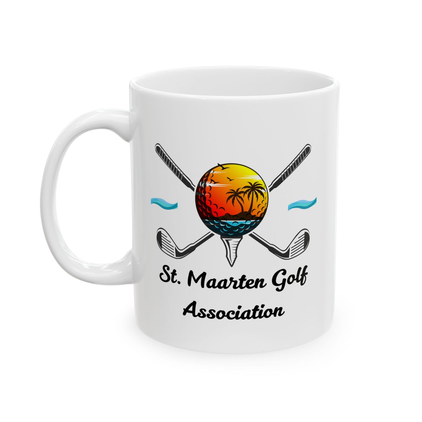 White mug with St. Maarten Golf Association design featuring a golf ball and clubs on a white background