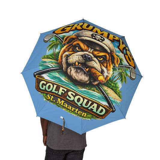 Umbrella with a bulldog graphic and 'Grumpy's Golf Squad' text on a blue background