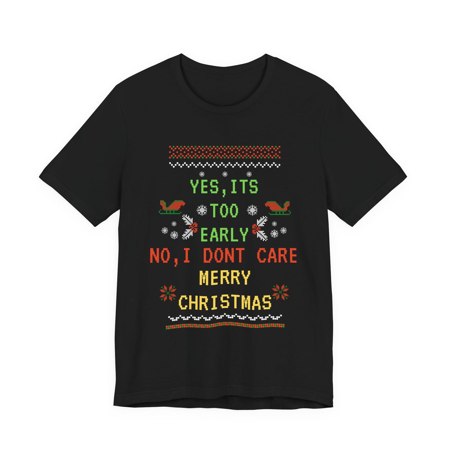 Black t-shirt with festive text and graphics on a white background