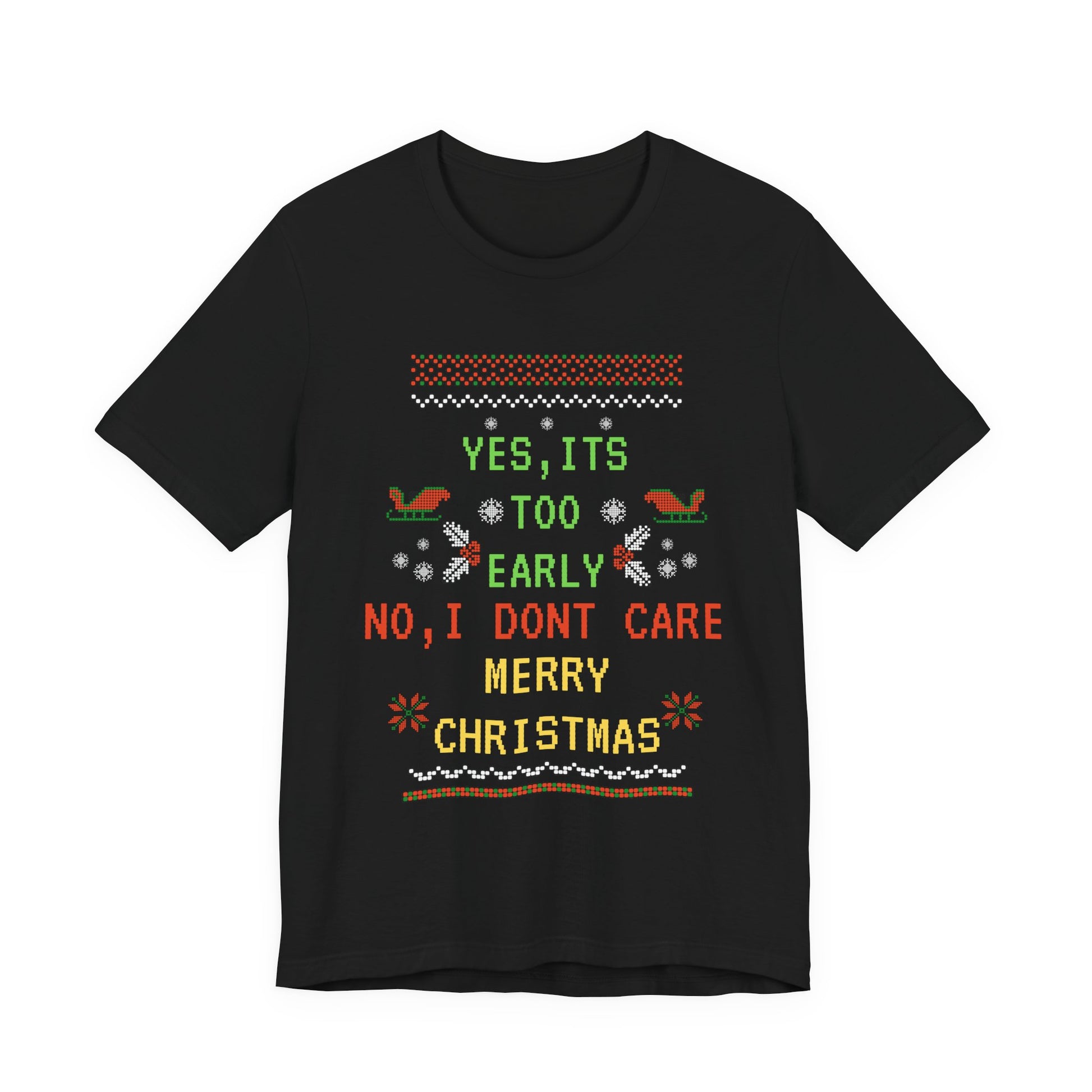 Black t-shirt with festive text and graphics on a white background