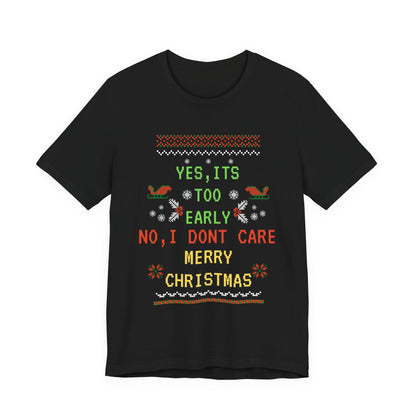 Black t-shirt with festive text and graphics on a white background