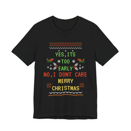 Black t-shirt with festive text and graphics on a white background