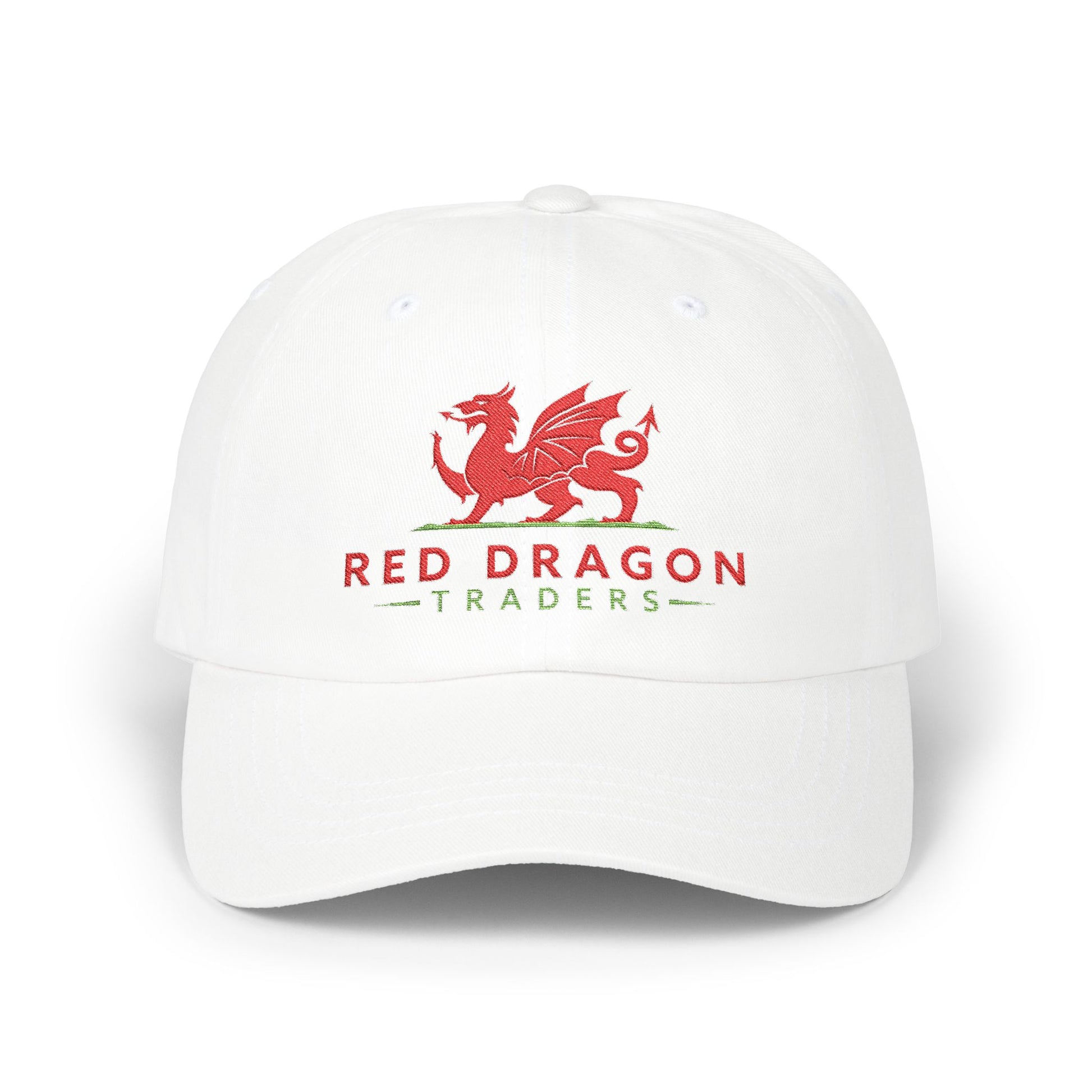 White cap with Red Dragon Traders logo on a white background