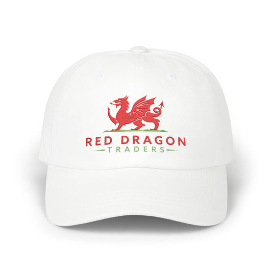 White cap with Red Dragon Traders logo on a white background