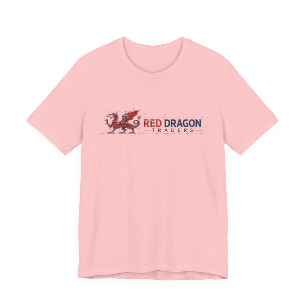 Pink tee with a red Welsh dragon and navy Red Dragon Traders wordmark.