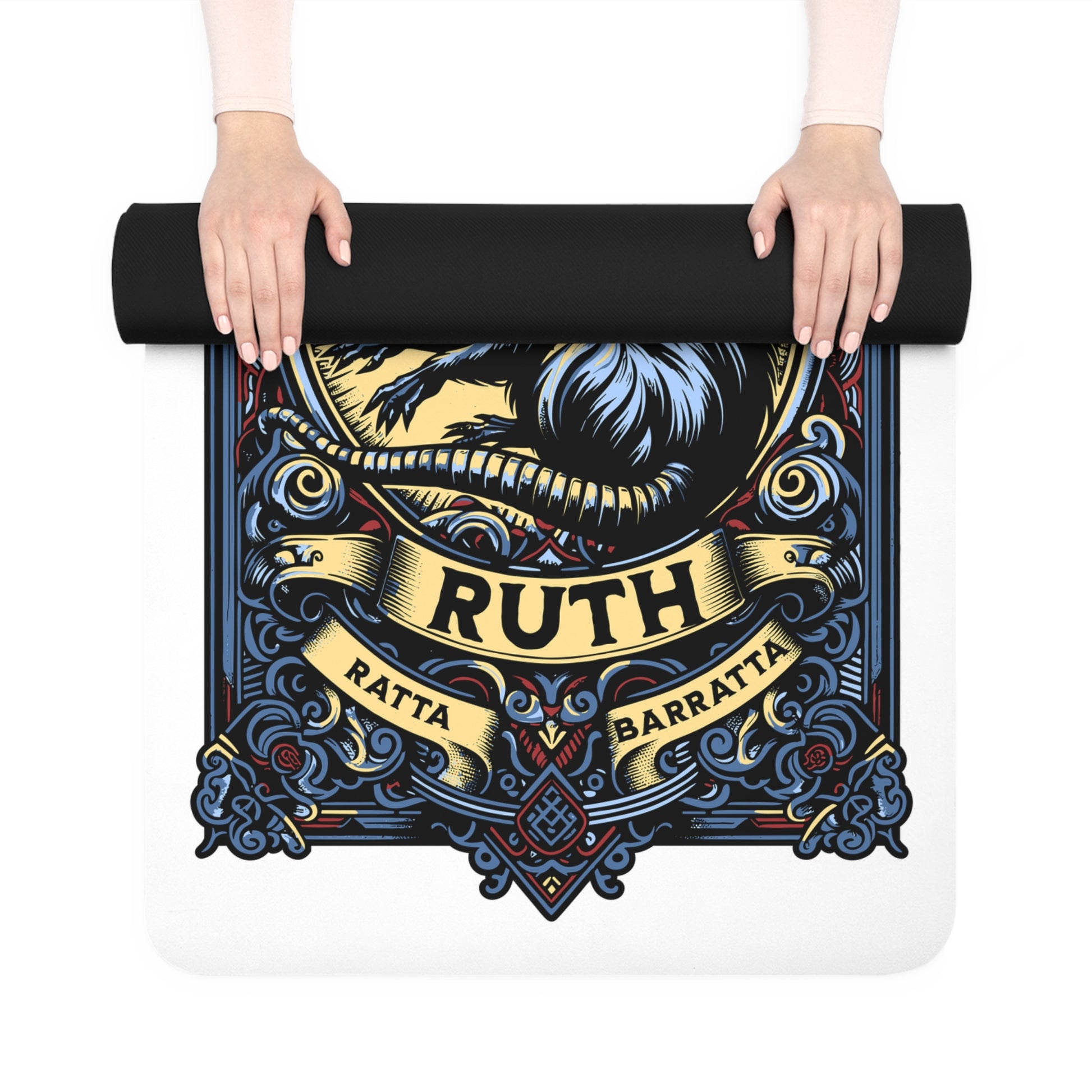 Person holding a black yoga mat with intricate design and text