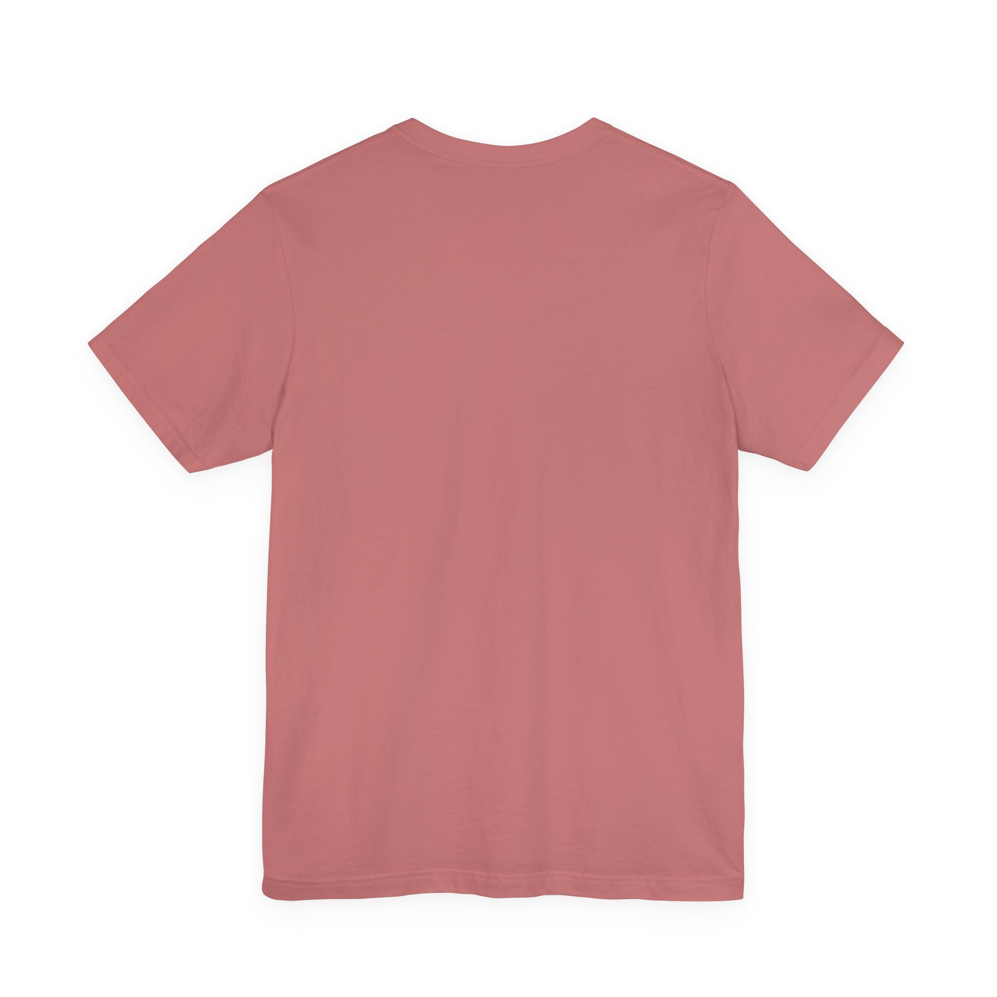 Back view of a plain mauve t-shirt on a white background
