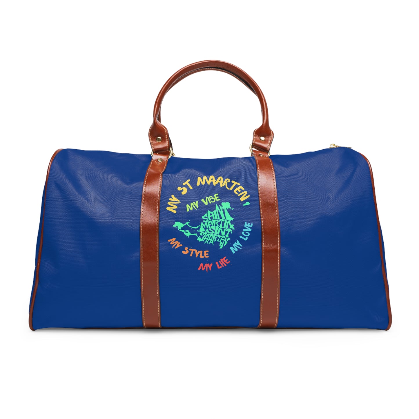 Blue duffel bag with brown handles and colorful text on a white background
