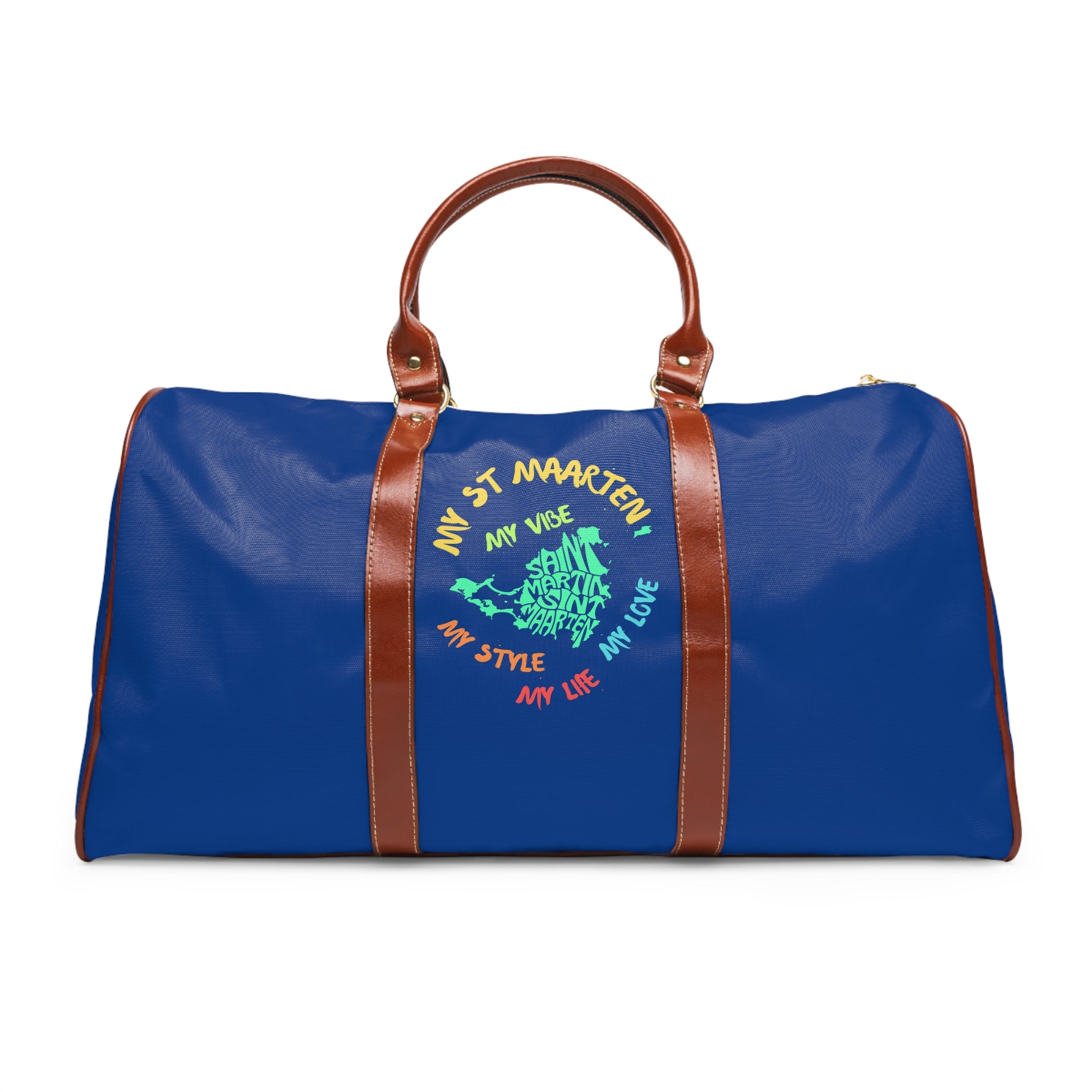 Blue duffel bag with brown handles and colorful text on a white background