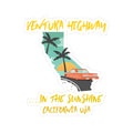 Sticker with a car, palm trees, and 'Ventura Highway' text on a white background