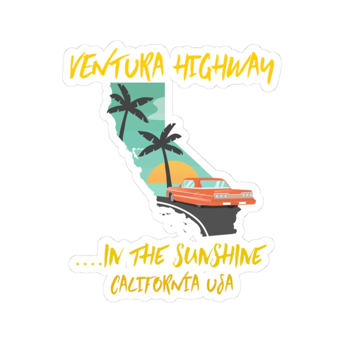Sticker with a car, palm trees, and 'Ventura Highway' text on a white background