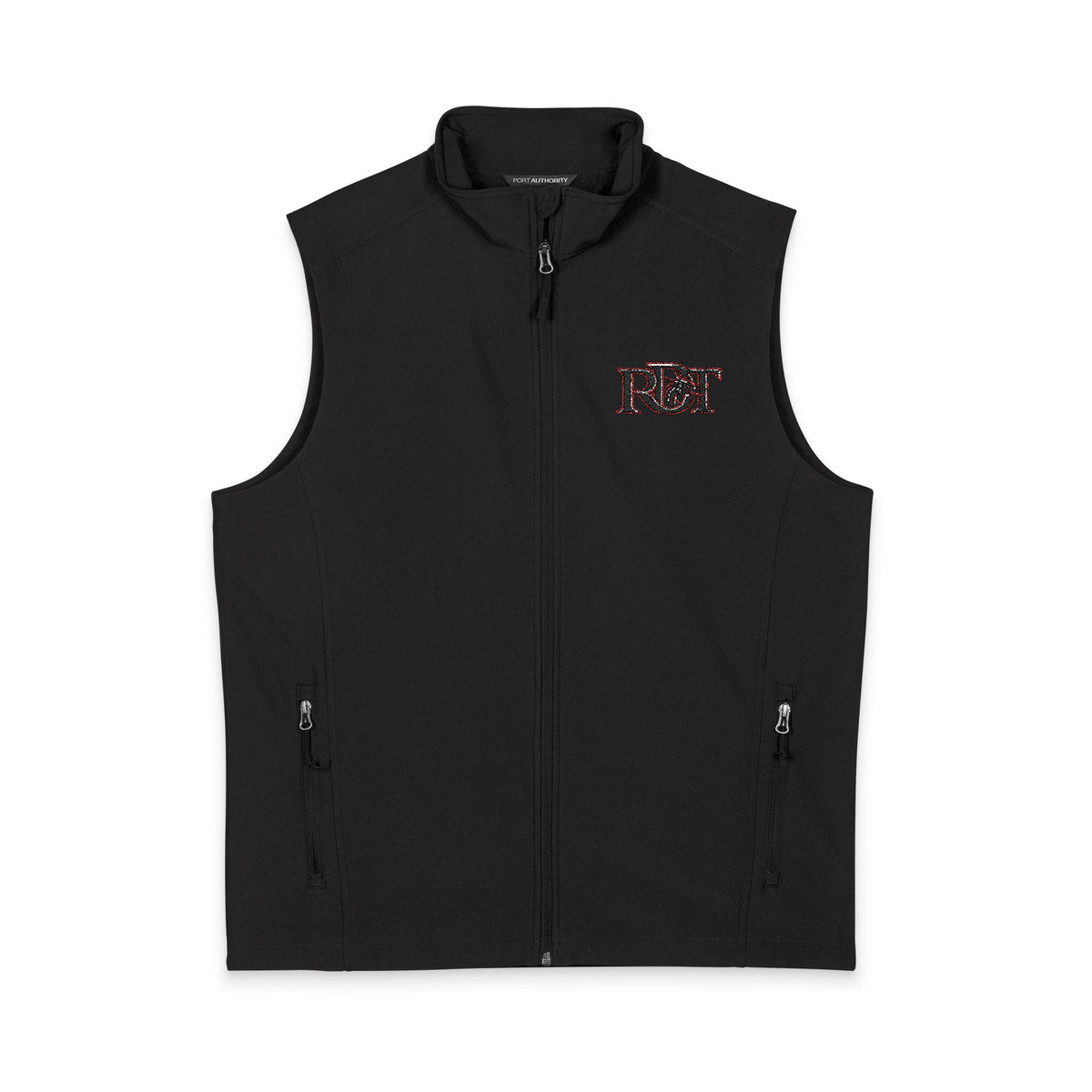 Men's Black Soft Shell Vest with Red Camo 'B&T' Chest Logo