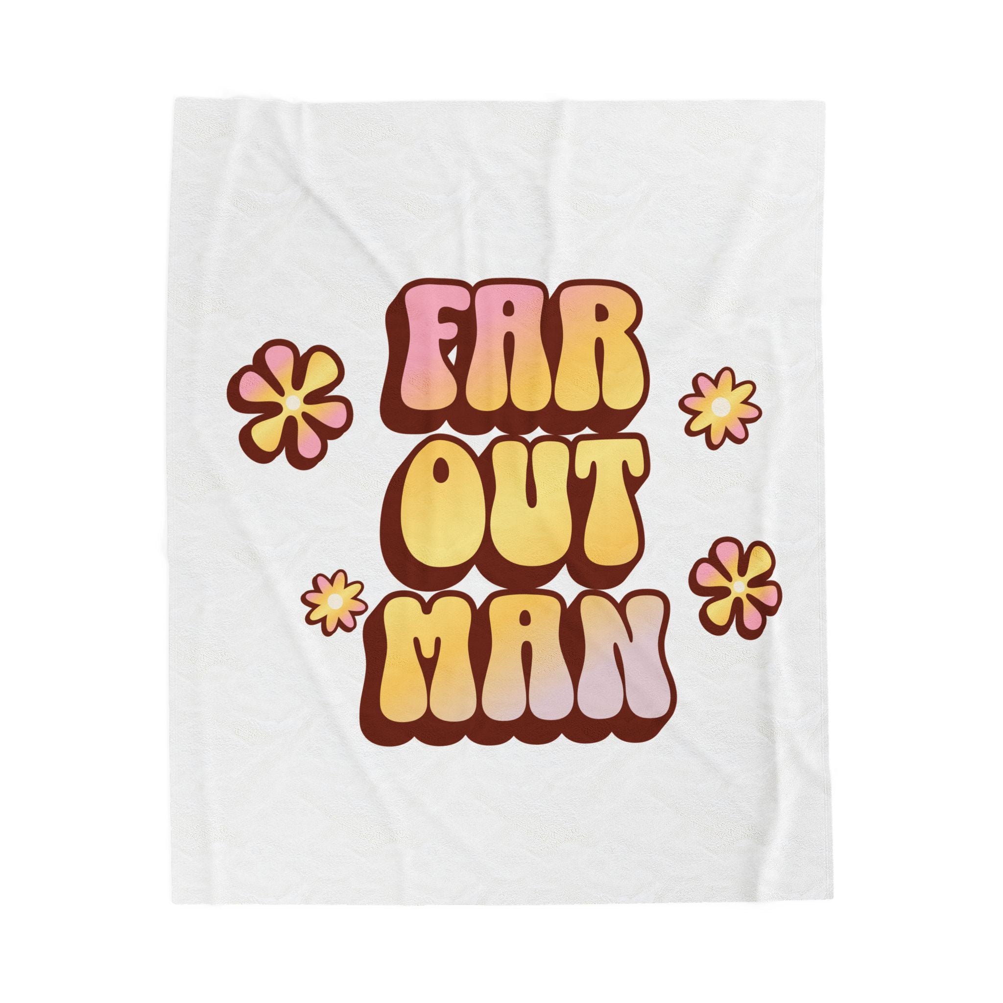 White t-shirt with 'Far Out Man' text and floral designs on a white background