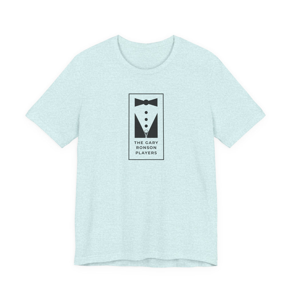 Ice blue heather t-shirt with a black-and-white tuxedo graphic and 'The Gary Ronson Players' text, on a white background