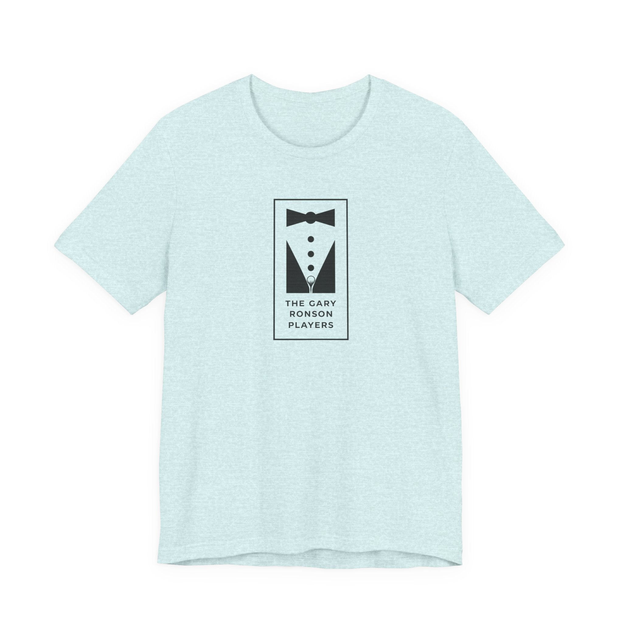 Ice blue heather t-shirt with a black-and-white tuxedo graphic and 'The Gary Ronson Players' text, on a white background