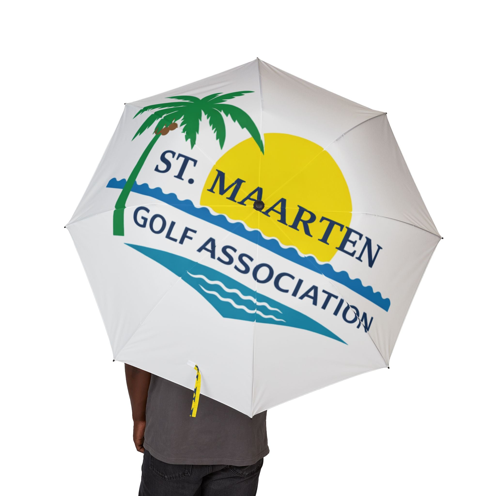 Umbrella with St. Maarten Golf Association logo on a white background