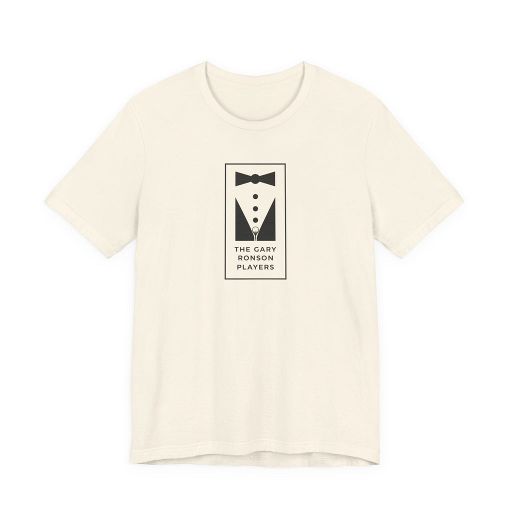 Natural cream t-shirt with a black-and-white tuxedo graphic and 'The Gary Ronson Players' text, on a white background