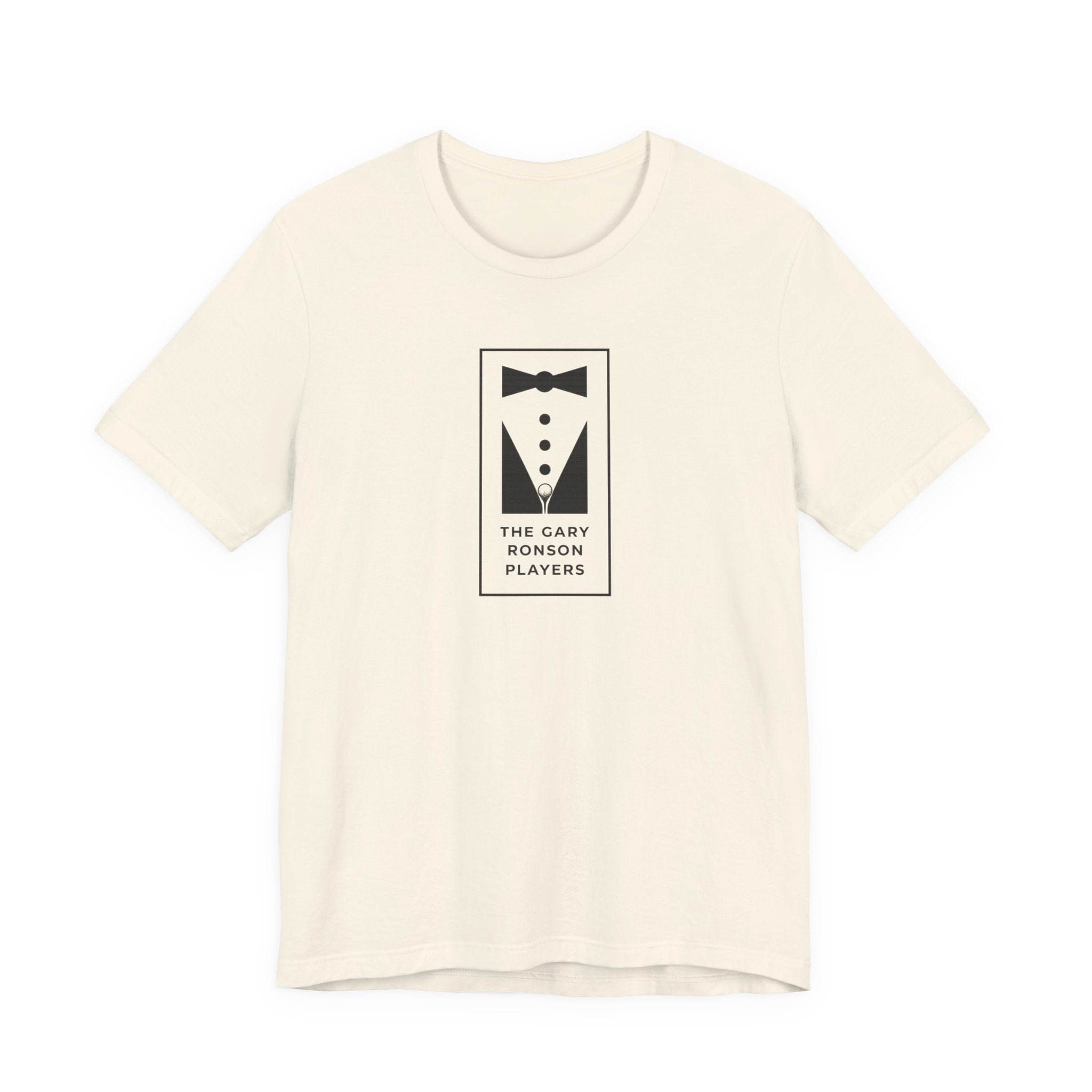 Natural cream t-shirt with a black-and-white tuxedo graphic and 'The Gary Ronson Players' text, on a white background
