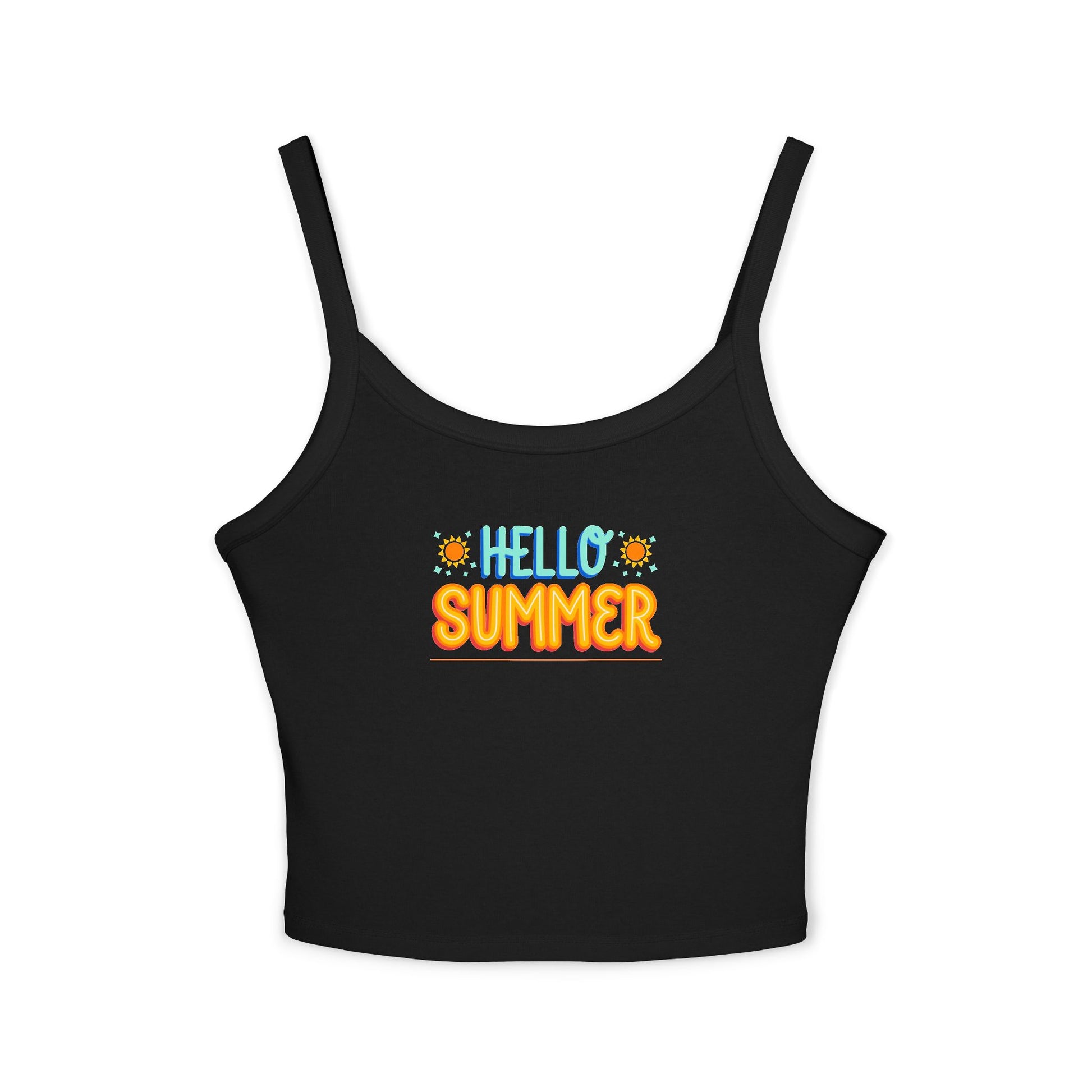 Black tank top with 'Hello Summer' text on a white background