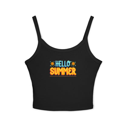 Black tank top with 'Hello Summer' text on a white background